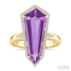 22X9 MM Evoque Gemstones Shield Shape Amethyst and 1/4 Ctw Round Cut Diamond Semi-Precious Ring in 14K Yellow Gold