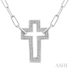 1/10 Ctw Round Cut Diamond Cross Pendant With Paperclip Chain in Sterling Silver