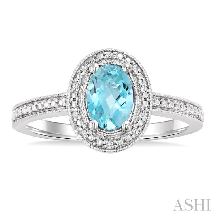 7X5 MM Oval Shape Aquamarine and 1/50 Ctw Round Cut Diamond Semi-Precious Ring in Sterling Silver