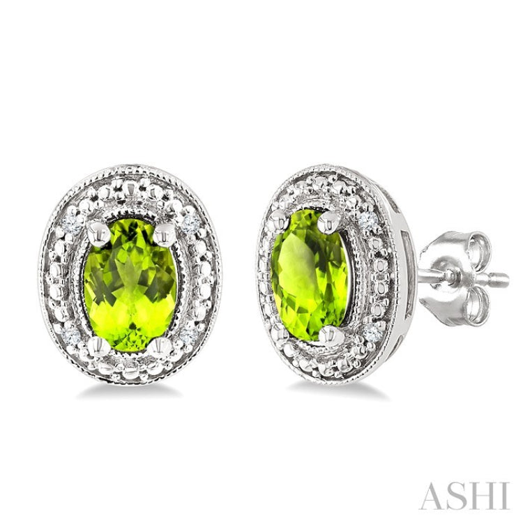 6X4 MM Oval Shape Peridot and 1/50 Ctw Round Cut Diamond Semi-Precious Earrings in Sterling Silver
