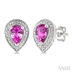 6X4 MM Pear Shape Lab-Created Pink Sapphire and 1/50 Ctw Round Cut Diamond Precious Earrings in Sterling Silver