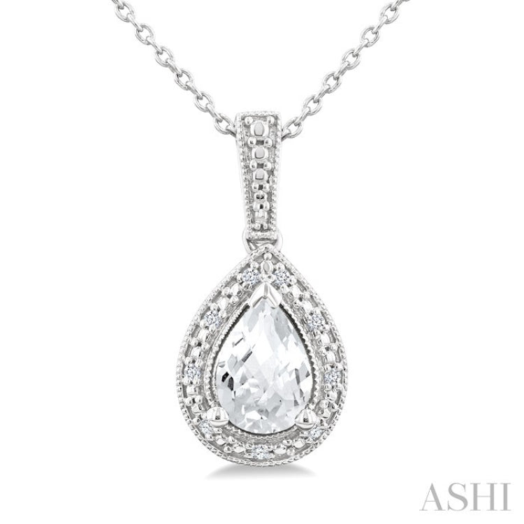6X4 MM Pear Shape White Topaz and 1/50 Ctw Round Cut Diamond Semi-Precious Pendant With Chain in Sterling Silver