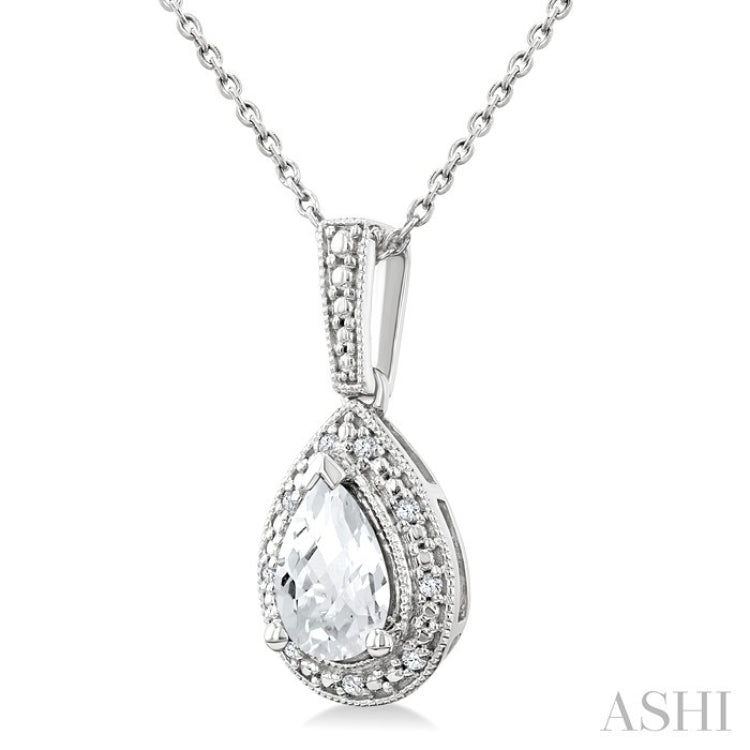 6X4 MM Pear Shape White Topaz and 1/50 Ctw Round Cut Diamond Semi-Precious Pendant With Chain in Sterling Silver