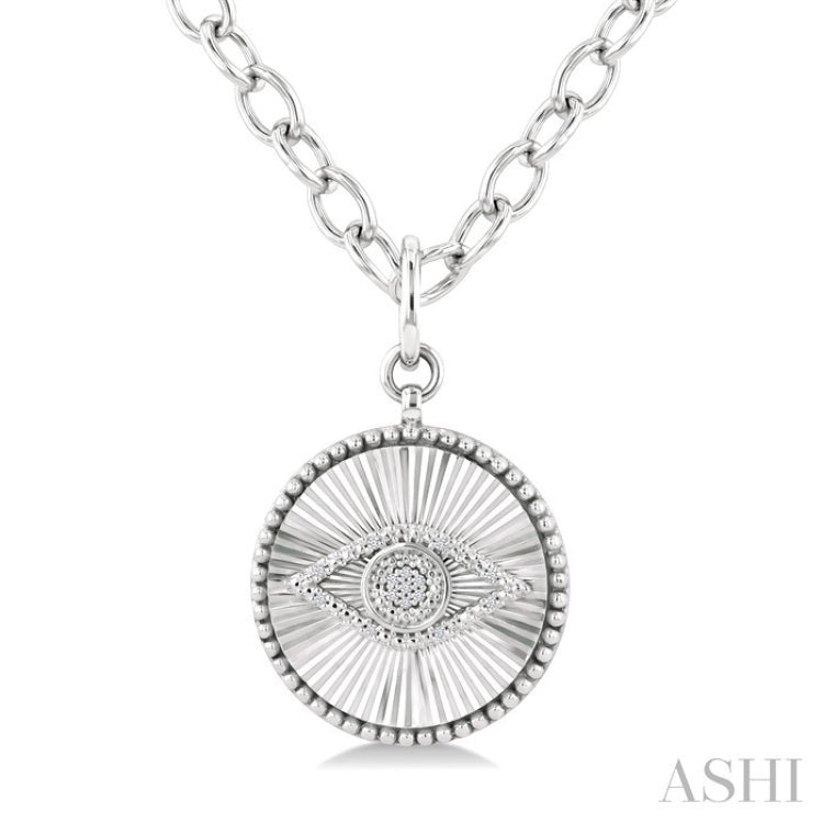 1/20 Ctw Evil Eye Round Cut Diamond Pirouette Round Fluted Medallion Fashion Pendant With Chain in Sterling Silver