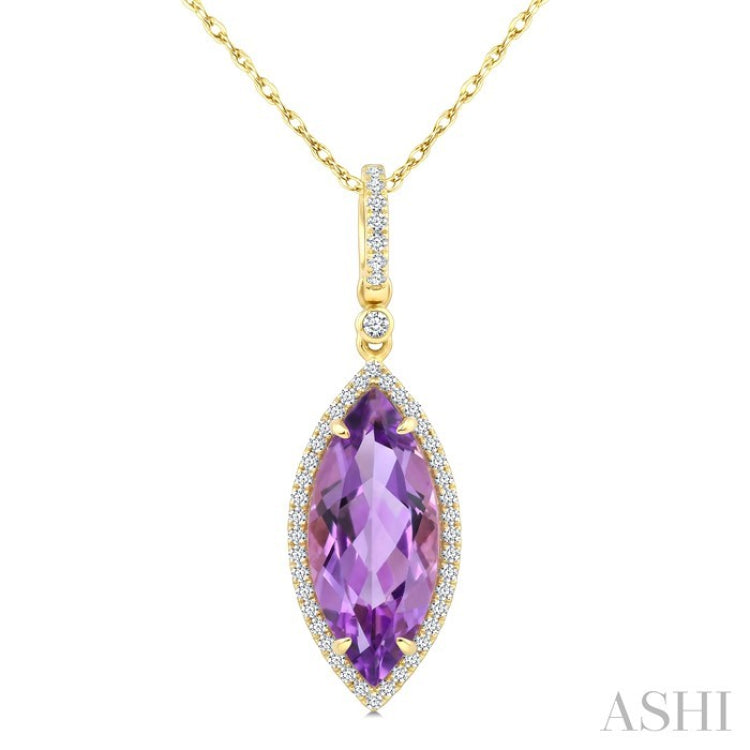 16X7 MM Evoque Gemstones Marquise Shape Amethyst and 1/5 Ctw Round Cut Diamond Semi-Precious Pendant With Chain in 10K Yellow Gold