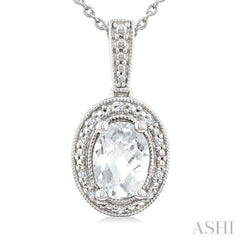 7X5 MM Oval Shape White Topaz and 1/50 Ctw Round Cut Diamond Semi-Precious Pendant With Chain in Sterling Silver