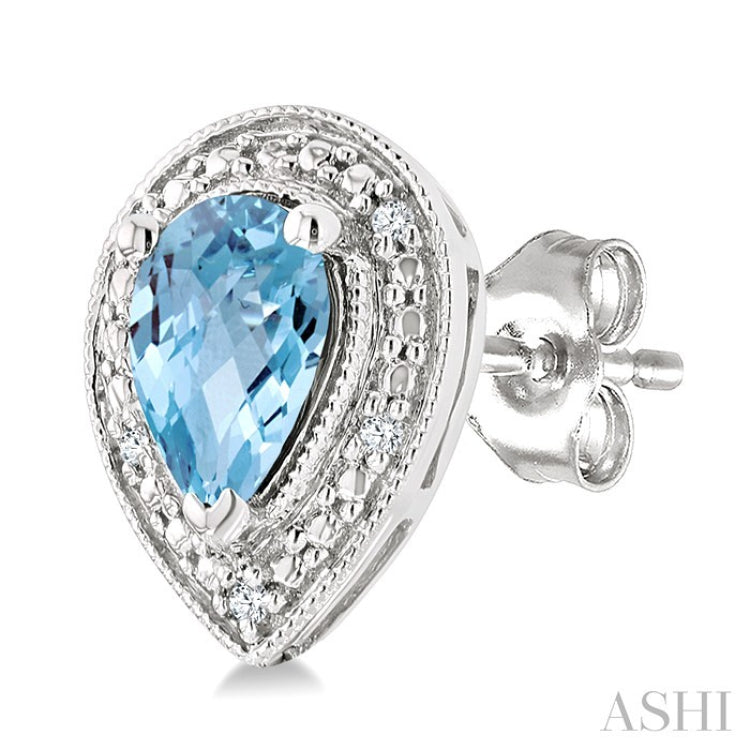 6X4 MM Pear Shape Aquamarine and 1/50 Ctw Round Cut Diamond Semi-Precious Earrings in Sterling Silver
