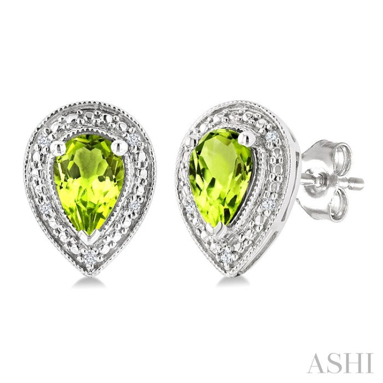 6X4 MM Pear Shape Peridot and 1/50 Ctw Round Cut Diamond Semi-Precious Earrings in Sterling Silver