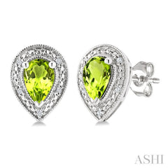 6X4 MM Pear Shape Peridot and 1/50 Ctw Round Cut Diamond Semi-Precious Earrings in Sterling Silver