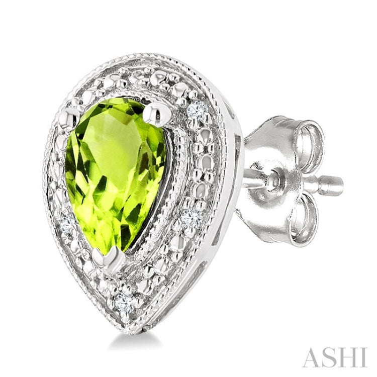 6X4 MM Pear Shape Peridot and 1/50 Ctw Round Cut Diamond Semi-Precious Earrings in Sterling Silver
