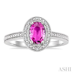 7X5 MM Oval Shape Lab-Created Pink Sapphire and 1/50 Ctw Round Cut Diamond Precious Ring in Sterling Silver