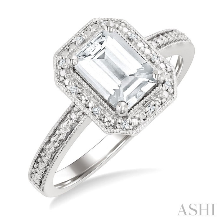 7X5 MM Octagon Shape White Topaz and 1/50 Ctw Round Cut Diamond Semi-Precious Ring in Sterling Silver