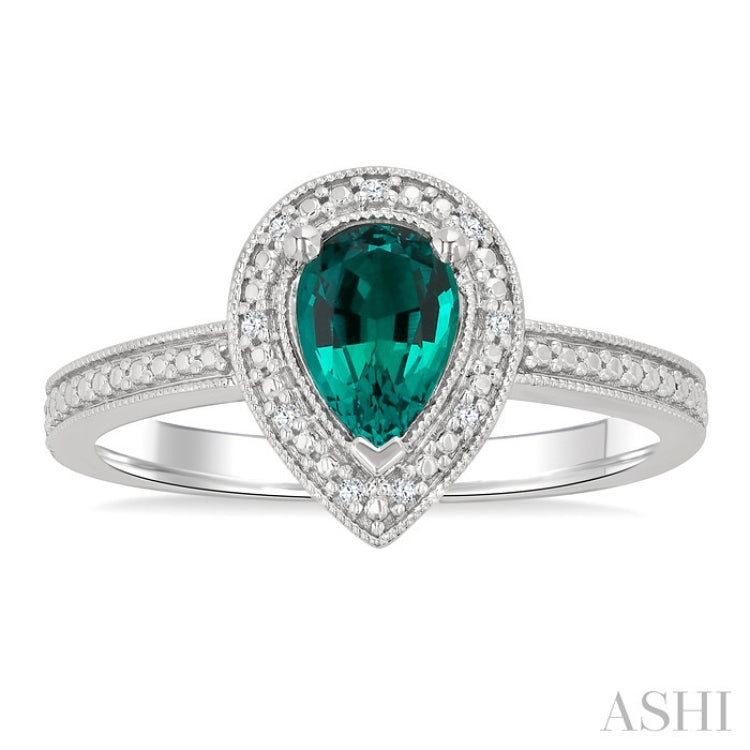 7X5 MM Pear Shape Lab-Created Emerald and 1/50 Ctw Round Cut Diamond Precious Ring in Sterling Silver