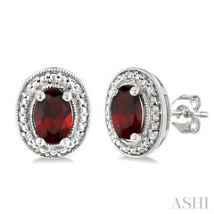 6X4 MM Oval Shape Garnet and 1/50 Ctw Round Cut Diamond Semi-Precious Earrings in Sterling Silver
