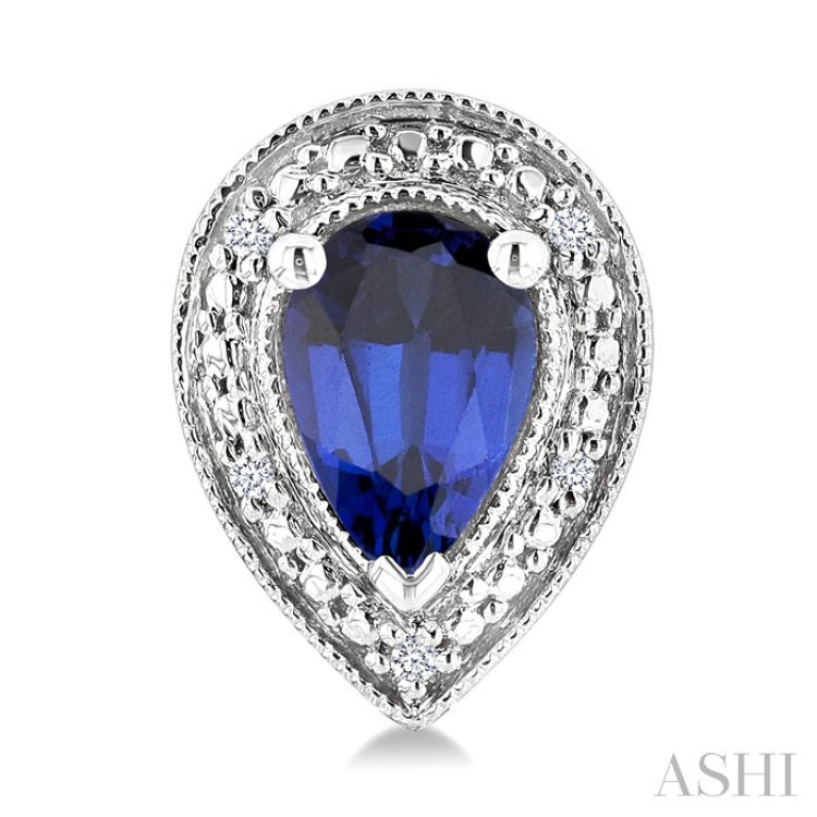 6X4 MM Pear Shape Lab-Created Sapphire and 1/50 Ctw Round Cut Diamond Precious Earrings in Sterling Silver