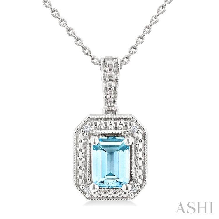 7X5 MM Octagon Shape Aquamarine and 1/50 Ctw Round Cut Diamond Semi-Precious Pendant With Chain in Sterling Silver
