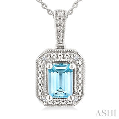 7X5 MM Octagon Shape Aquamarine and 1/50 Ctw Round Cut Diamond Semi-Precious Pendant With Chain in Sterling Silver