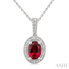 7X5 MM Oval Shape Lab-Created Ruby and 1/50 Ctw Round Cut Diamond Precious Pendant With Chain in Sterling Silver
