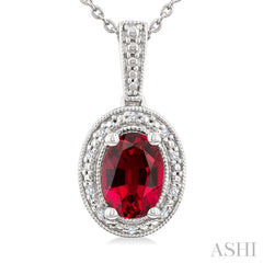 7X5 MM Oval Shape Lab-Created Ruby and 1/50 Ctw Round Cut Diamond Precious Pendant With Chain in Sterling Silver