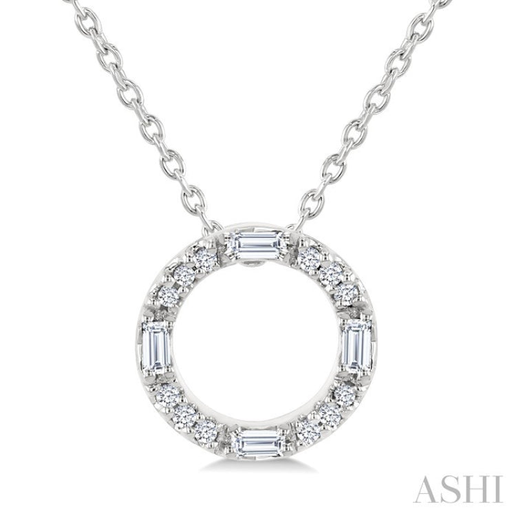 1/10 Ctw Baguette and Round Cut Diamond Circle Shape Fashion Pendant With Chain in 10K White Gold