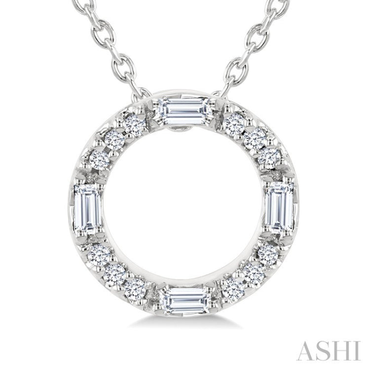 1/10 Ctw Baguette and Round Cut Diamond Circle Shape Fashion Pendant With Chain in 10K White Gold