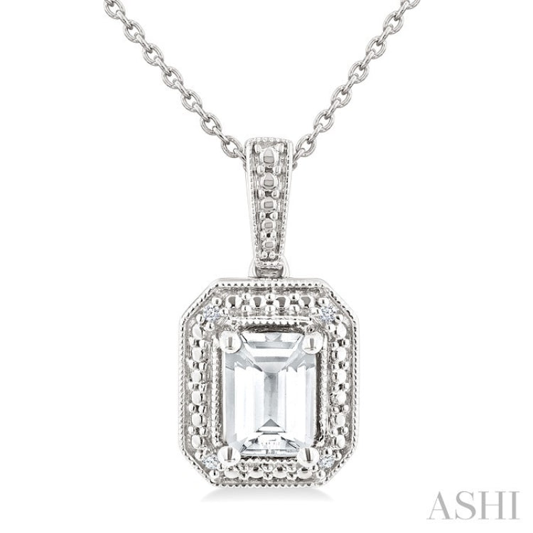 6X4 MM Octagon Shape White Topaz and 1/50 Ctw Round Cut Diamond Semi-Precious Pendant With Chain in Sterling Silver