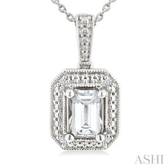 6X4 MM Octagon Shape White Topaz and 1/50 Ctw Round Cut Diamond Semi-Precious Pendant With Chain in Sterling Silver