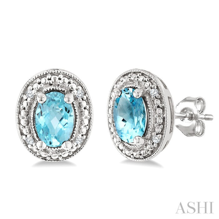 6X4 MM Oval Shape Aquamarine and 1/50 Ctw Round Cut Diamond Semi-Precious Earrings in Sterling Silver