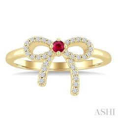 2.40 MM Round Shape Ruby and 1/8 Ctw Round Cut Diamond Bow Petite Precious Fashion Ring in 10K Yellow Gold