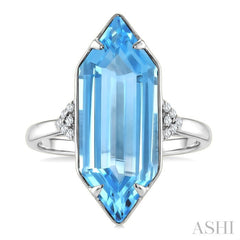 22X8 MM Evoque Gemstones Hexagon Shape Blue Topaz and 1/20 Ctw Round Cut Diamond Semi-Precious Ring in 14K White Gold