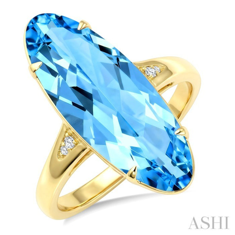 22X8 MM Evoque Gemstones Oval Shape Blue Topaz and 1/50 Ctw Round Cut Diamond Semi-Precious Ring in 14K Yellow Gold