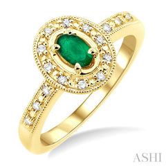 5x3 MM Oval Shape Emerald and 1/10 Ctw Round Cut Diamond Ring in 14K Yellow Gold.
