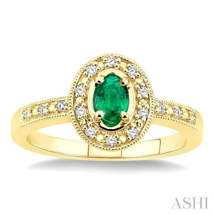 5x3 MM Oval Shape Emerald and 1/10 Ctw Round Cut Diamond Ring in 14K Yellow Gold.