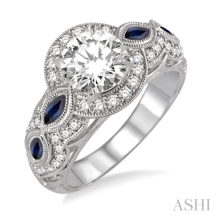 3.8x1.8 MM & 4.1x2.1 MM Marquise Cut Sapphire and 1/2 Ctw Round Cut Diamond Semi-Mount Engagement Ring in 14K White Gold