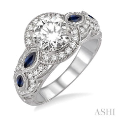 3.8x1.8 MM & 4.1x2.1 MM Marquise Cut Sapphire and 1/2 Ctw Round Cut Diamond Semi-Mount Engagement Ring in 14K White Gold