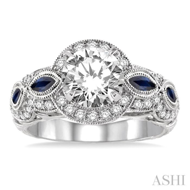 3.8x1.8 MM & 4.1x2.1 MM Marquise Cut Sapphire and 1/2 Ctw Round Cut Diamond Semi-Mount Engagement Ring in 14K White Gold