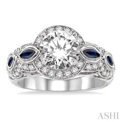 3.8x1.8 MM & 4.1x2.1 MM Marquise Cut Sapphire and 1/2 Ctw Round Cut Diamond Semi-Mount Engagement Ring in 14K White Gold