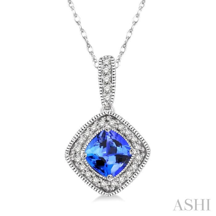 5x5 MM Cushion Shape Tanzanite and 1/5 Ctw Round Cut Diamond Pendant in 14K White Gold with Chain