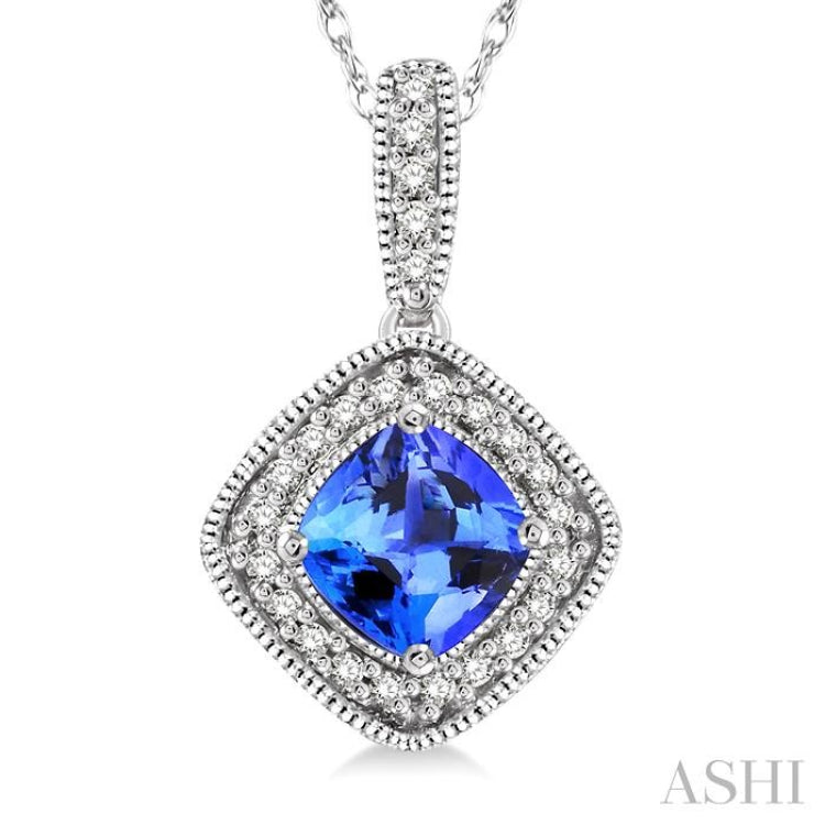 5x5 MM Cushion Shape Tanzanite and 1/5 Ctw Round Cut Diamond Pendant in 14K White Gold with Chain