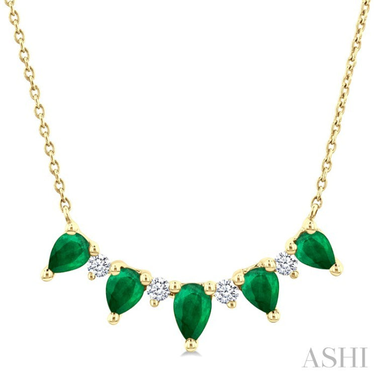 5x3 MM & 4x3 MM Pear Cut Emerald and 1/8 Ctw Round Cut Diamond Precious Necklace in 14K Yellow Gold