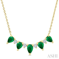 5x3 MM & 4x3 MM Pear Cut Emerald and 1/8 Ctw Round Cut Diamond Precious Necklace in 14K Yellow Gold