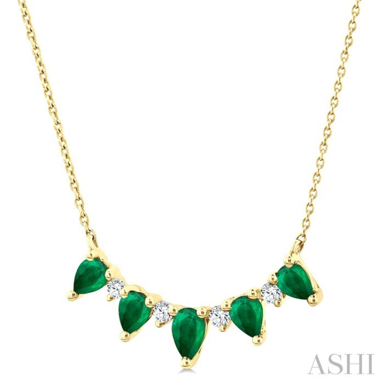 5x3 MM & 4x3 MM Pear Cut Emerald and 1/8 Ctw Round Cut Diamond Precious Necklace in 14K Yellow Gold