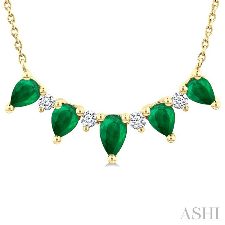 5x3 MM & 4x3 MM Pear Cut Emerald and 1/8 Ctw Round Cut Diamond Precious Necklace in 14K Yellow Gold