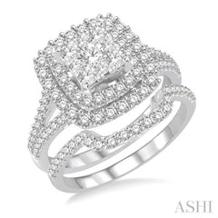 1 3/8 Ctw Lovebright Round Cut Diamond Wedding Set With 1 1/6 Ctw Cushion Shape Engagement Ring and 1/4 Ctw Scooped Wedding Band in 14K White Gold