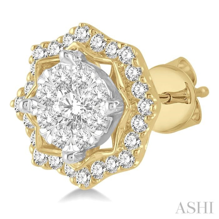 3/4 Ctw Star Lattice Lovebright Round Cut Diamond Earrings in 14K Yellow and White Gold
