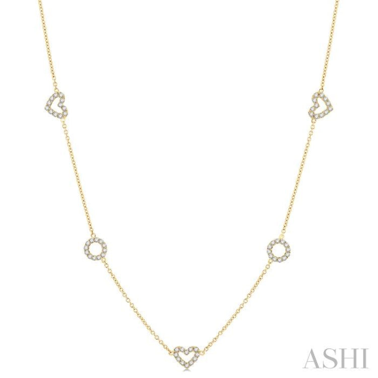 1 Ctw Heart and Circle Round Cut Diamond Station Necklace in 14K Yellow Gold