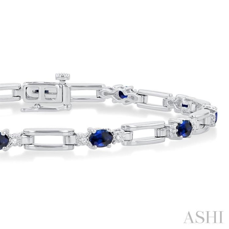 4X3 MM Oval Cut Sapphire and 1/10 Ctw Round Cut Diamond Paperclip Bracelet in 14K White Gold