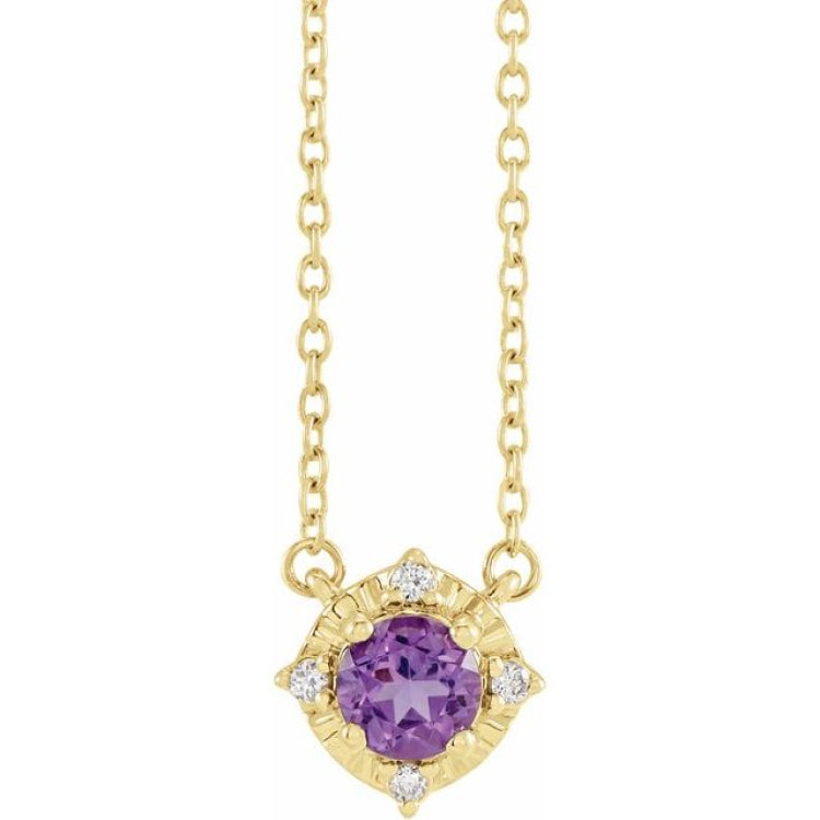 14K Yellow Gold Natural Amethyst & .04 CTW Natural Diamond Halo-Style 18" Necklace