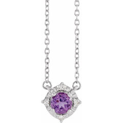 14K White Gold Natural Amethyst & .04 CTW Natural Diamond Halo-Style 18" Necklace