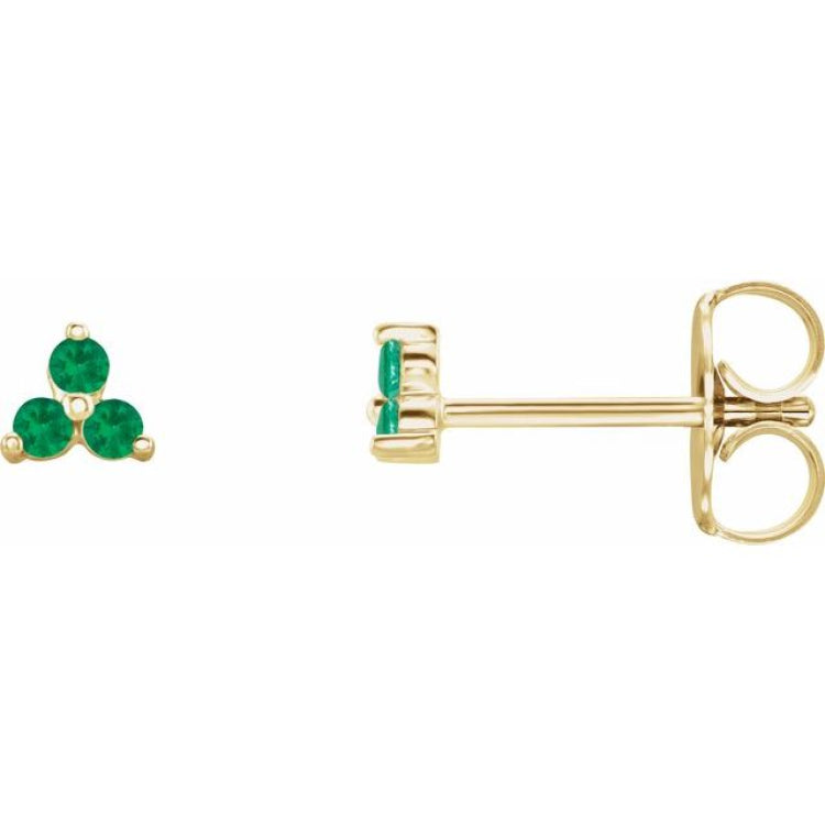 14K Yellow Gold Natural Emerald Three Stone Earrings